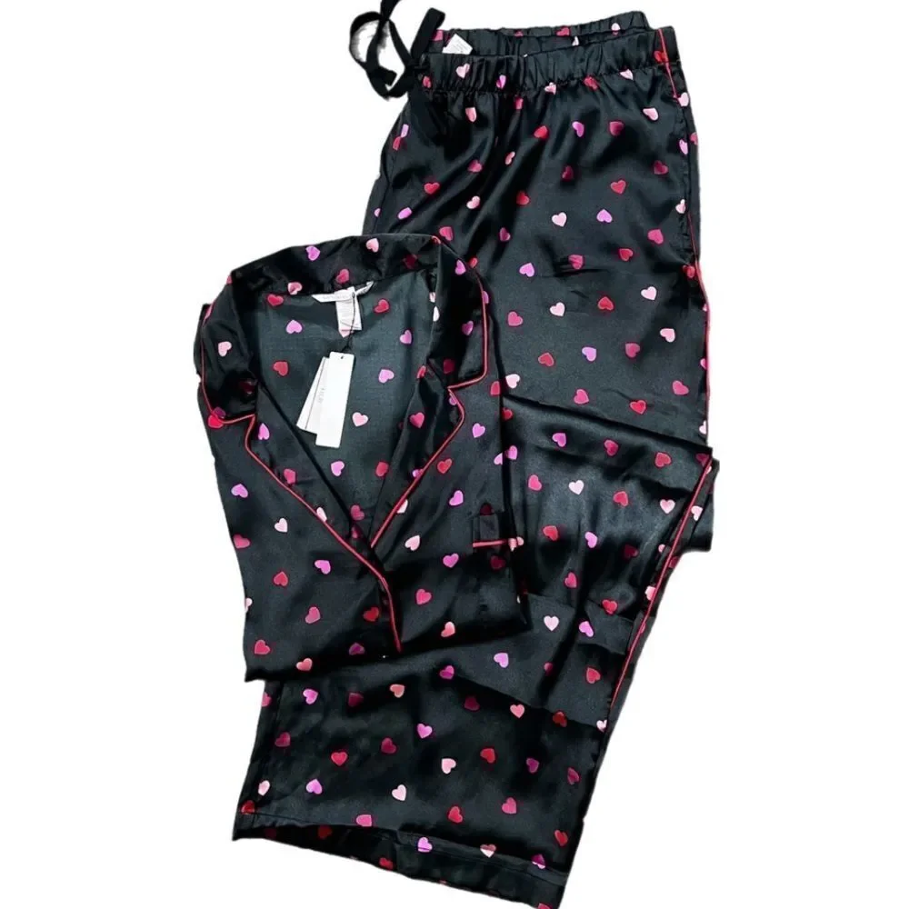 Victorias Secret Hearts SATIN button down top & bottoms pant pajama Set XXL